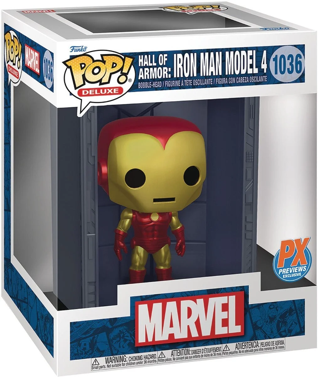 Funko Pop Deluxe Marvel Hall of Armor Iron Man Model 4 Metallic Px Previews Exclusive